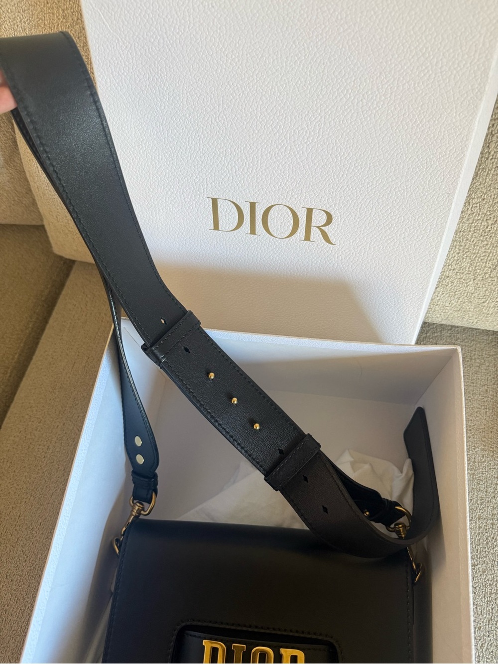 Dior Black Leather Shoulder Bag with Gold Logo Plaque - Picture 2 of 4